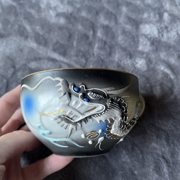 Vintage Japanese Geisha Lithophane Dragon Teacup Set Moriage Black - Picture 7 of 7